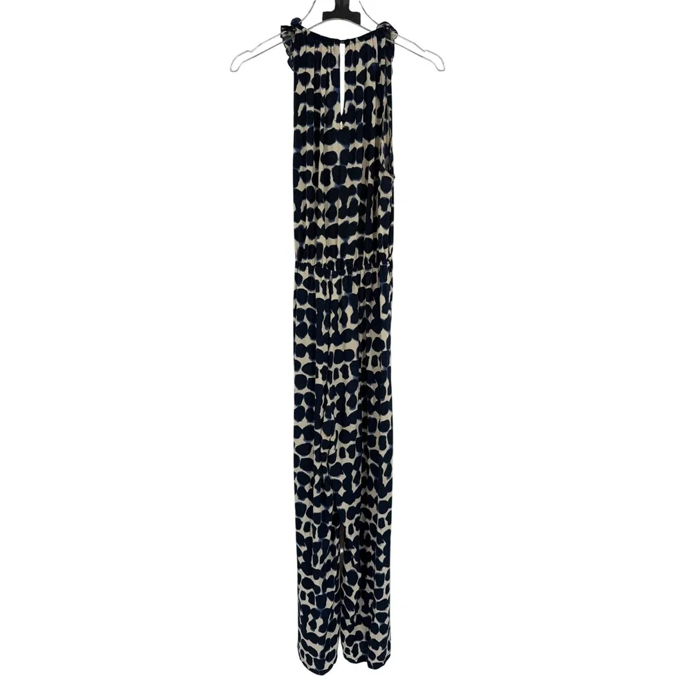 Beachgold Blue Abstract Print Ruffle V-Neck Wide Leg Jumpsuit Small Boho Resort